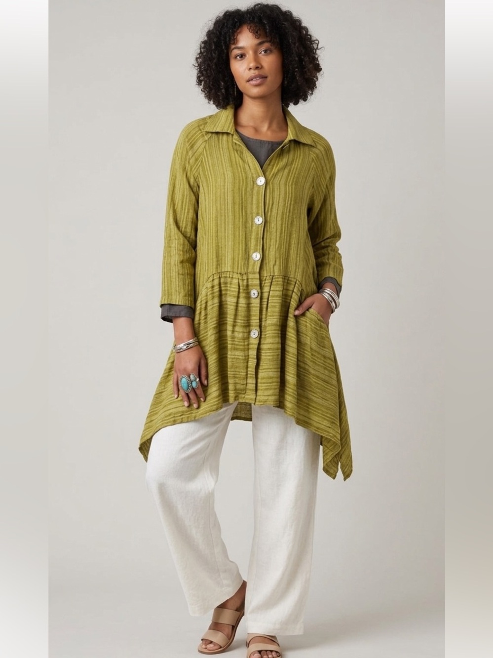 West Love 100% Linen Olive Striped Button-Down Lagenlook Artisan Tunic Top SZ M